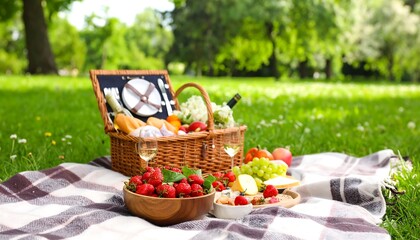 Picnic basket with food on a blanket in a park