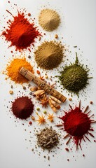 View of colourful spices arranged in abstract geometric patterns
