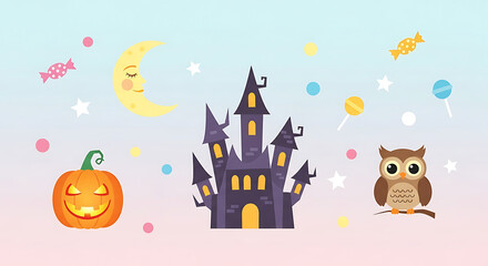 Festive halloween scene with castle, owl, candy and moon, adorable illustration