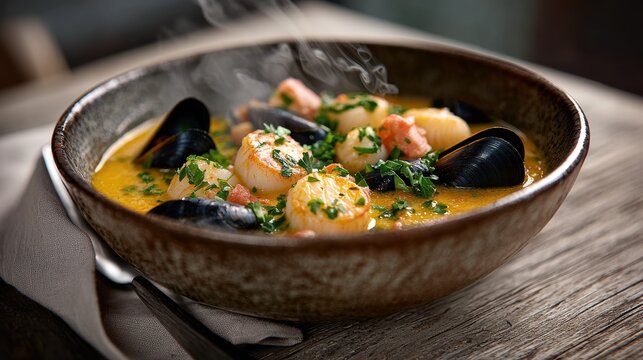 Bouillabaisse bowl featuring traditional French seafood stew with tender scallops, open mussels, shrimp, herbs in elegant ceramic presentation at upscale dining establishment