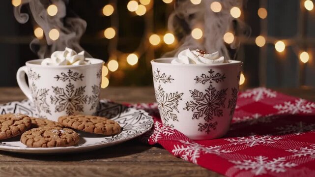 Inviting Winter Scene with Two Mugs of Warm Chocolate Drink and Seasonal Baked Goods