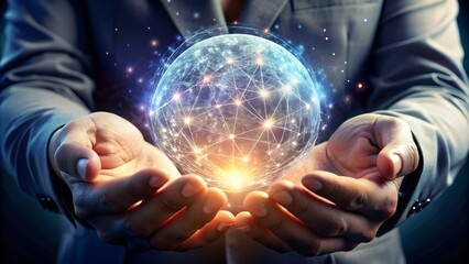 Business professional holding glowing sphere representing global connections and innovative technology