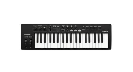 Sleek black synthesizer keyboard instrument centered on pristine white background inviting musical creation and innovation