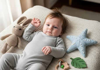 Baby on Knitted Surface with Toys