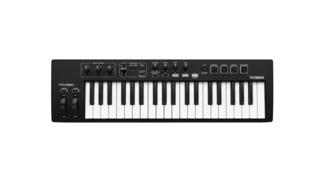 Sleek black synthesizer keyboard instrument centered on pristine white background inviting musical creation and innovation