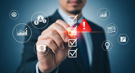 Hand interacts with checklist interface, highlighting risk alert, symbolizing business process management, risk assessment, and problem-solving