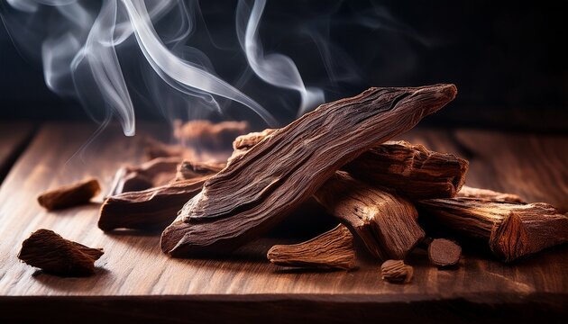 close up of premium oud wood chips with intricate texture and smoke
