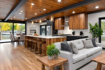 Modern open plan kitchen and living room showcasing lake view