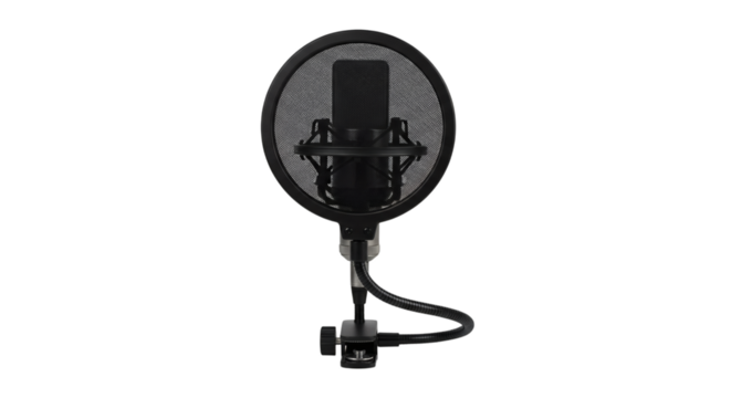 Isolated professional condenser microphone on white background, studio equipment showcasing audio capture, modern vocal recording.