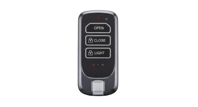 Wireless control device for smart home system and garage doors on a clean white backdrop.