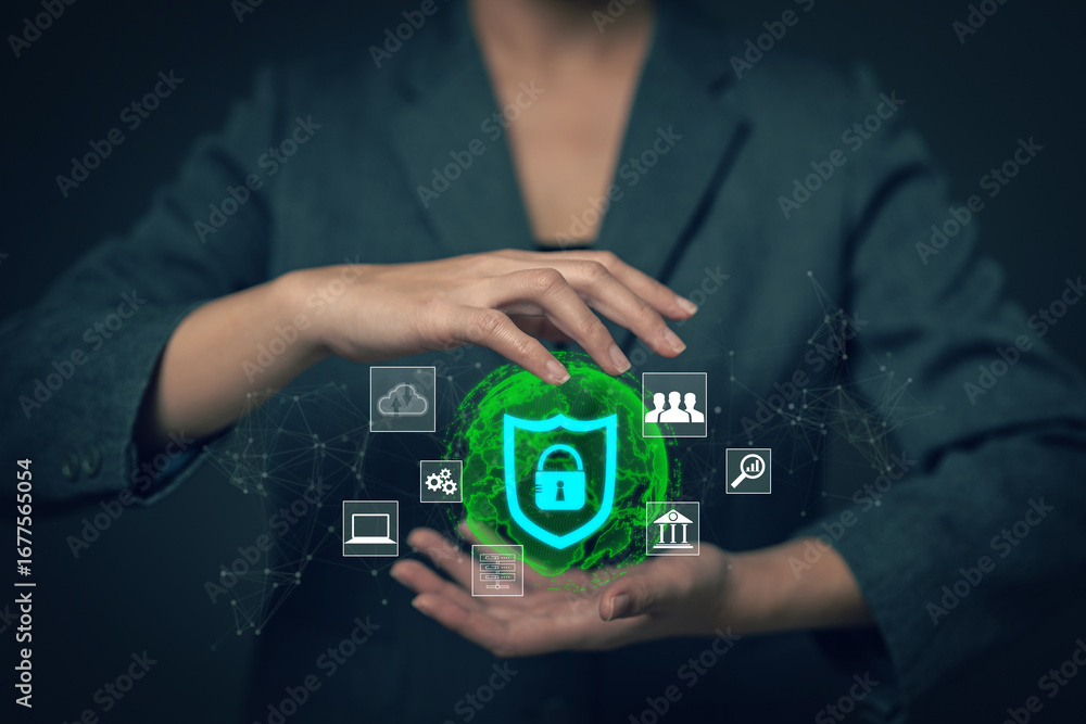 Poster businesswoman locking sensitive financial data for cyber security protection. cyber security concept