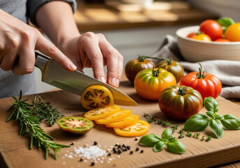Slicing Heirloom Tomato in Rustic Kitchen