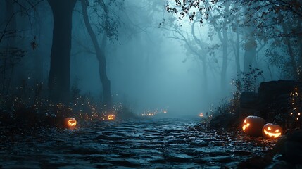 Mysterious ethereal cave entrance illuminated by glowing jack-o'-lanterns and diffuse light