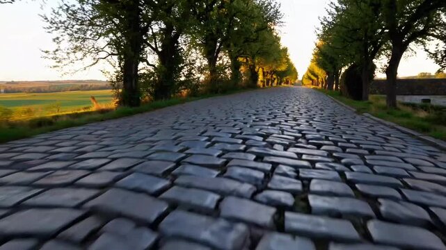 Cobbled Road Cobbelstone road located in the North of France near Lille. On such roads every year is organized one of the most famous one day cycling race Paris-Roubaix. road