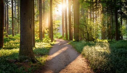 serene forest pathway illuminated by soft sunlight filtering through tall trees