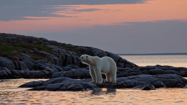 Polar Bear in Its Natural Habitat During the Summer Season in the Evening Hours Bathed in Golden Hour Light