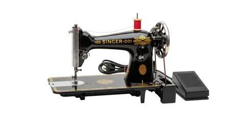 Fototapeta premium Antique Black Singer Sewing Machine on an Isolated White Background Showcasing Vintage Craftsmanship
