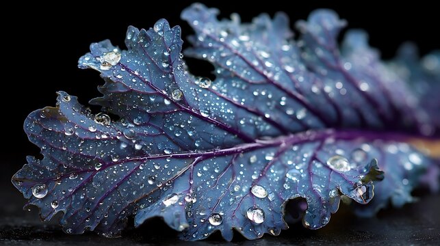 Vibrant purple kale leaf covered in sparkling water droplets detailed macro photography nature