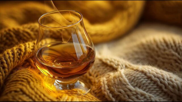 Warm Sip of Solace: A close-up view showcases a snifter of amber liquid, nestled amidst a cozy, knitted blanket, bathed in a warm, inviting golden glow.

