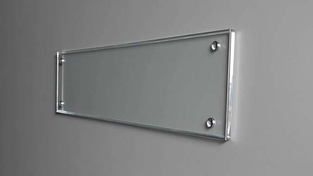 Empty Horizontal Transparent Glass Signage Plate Mounted on Plain White Wall Surface