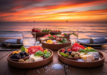 Mediterranean meal with sunset view