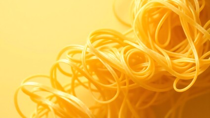 Close up of tangled yellow spaghetti noodles on a yellow background creating a warm and inviting scene pasta 