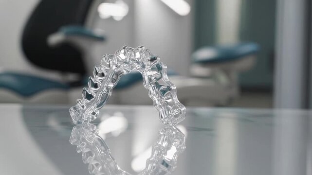 nearby view of transparent dental correction appliance positioned on practitioner's work surface in clinical setting