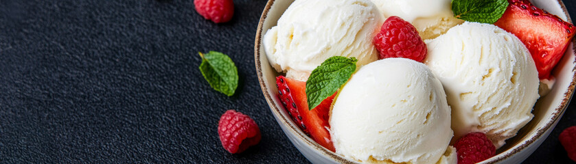 Bowl of creamy vegan desserts made with dairy free coconut milk, garnished with fresh raspberries, strawberries, and mint leaves, creating refreshing and indulgent treat