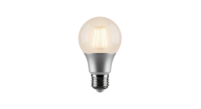 Illuminated LED Filament Bulb Against White Backdrop - Powered by Adobe