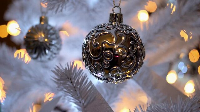 Highly detailed shot focusing on the ornamental elements decorating snowy-hued holiday tree
