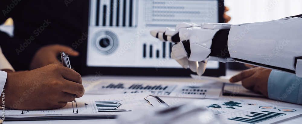 Aufkleber a scene of collaboration in a modern office, showcasing a human and a robot engaging in data analysi