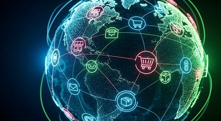 Abstract digital Earth showing a vibrant network of global e-commerce and communication technology symbols.