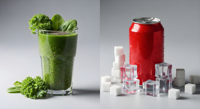 Vibrant green health smoothie contrasted with a sugary soda can and cubes, promoting healthy living choices and diet awareness for wellness campaigns