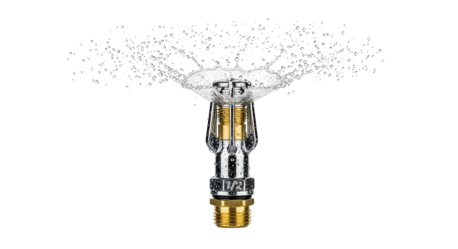 Active fire sprinkler with water spraying against bright background signaling safety response and emergency control