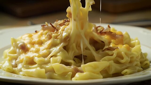 Creamy cheesy pasta dish with crispy fried onions, ready to be enjoyed.
