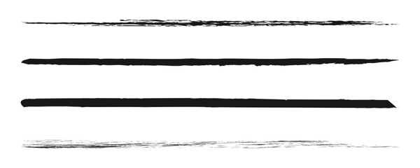 Charcoal pencil straight horizontal lines. Black hand drawn stripes, ink brush strokes. Scribble charcoal texture lines vector set. Grunge smears, thin and thick chalk strokes, pencil underline.