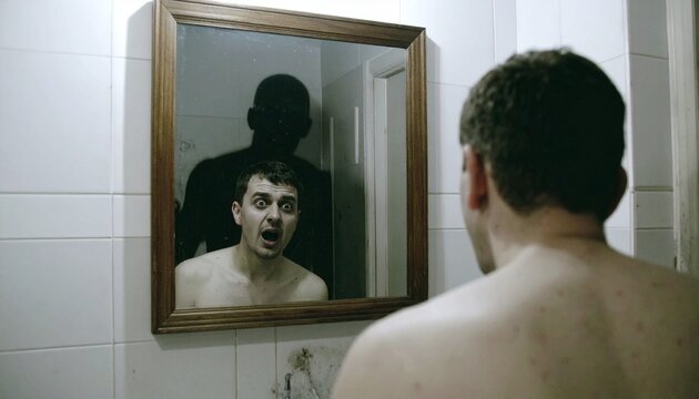 Mirror Reflection: A man confronts a disturbing reflection in the mirror, creating a chilling, suspenseful scene. A blend of horror and psychological unease, inviting viewers to ponder the unseen.