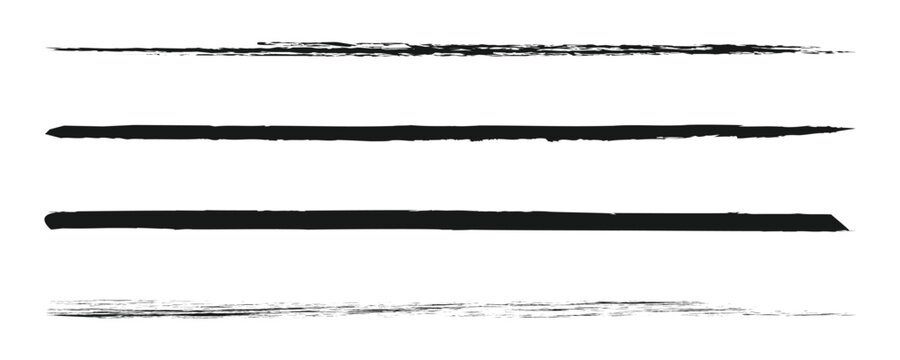 Charcoal pencil straight horizontal lines. Black hand drawn stripes, ink brush strokes. Scribble charcoal texture lines vector set. Grunge smears, thin and thick chalk strokes, pencil underline.