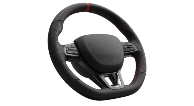 Modern black leather steering wheel with red stitching and buttons isolated on white background