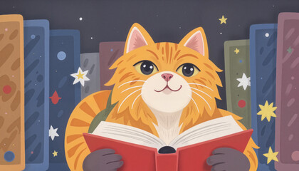 Curious cat reading a book against colorful bookshelves