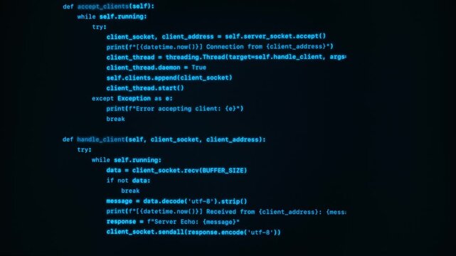 A dark computer screen with running blue lines of program code. Programming script in a terminal, used in coding, software engineering and data science. 