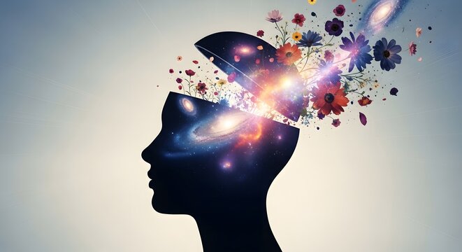 A human head silhouette with an open top, revealing a vibrant explosion of galaxies, colorful flowers, and bright light, symbolizing creativity and imagination.