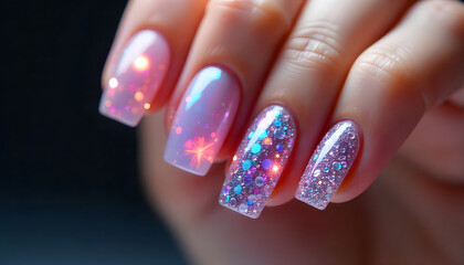 a, hand, with, holography, nails, design, print, glitter, glittering, y2k, new, 90s, 00s, manicure, finger, nail, beauty, pink, colors, color, modern, retro, style, vintage, pop, art, disco, festival,