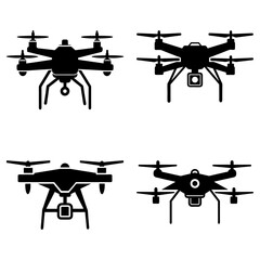 Collection of four drone silhouettes showcasing different designs and configurations in a vector format