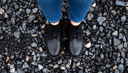 Black leather boots on a textured surface of varied stones, creating a natural, rugged aesthetic.
