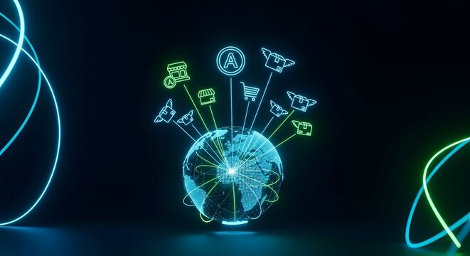 Glowing digital globe with neon icons representing worldwide online shopping, delivery, and interconnected services.