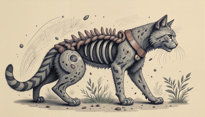 Illustration of cat with skeletal features walking in natural setting