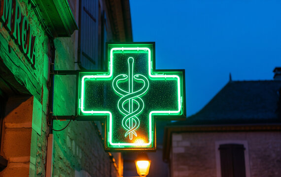  Croix verte lumineuse de pharmacie avec symbole d'hippocrate