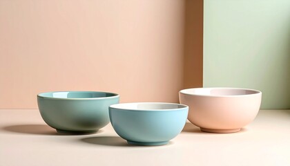 Fototapeta premium Minimalist composition of three ceramic bowls in pastel tones, geometric arrangement