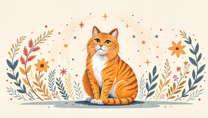 Illustration of a sitting orange cat surrounded by flowers